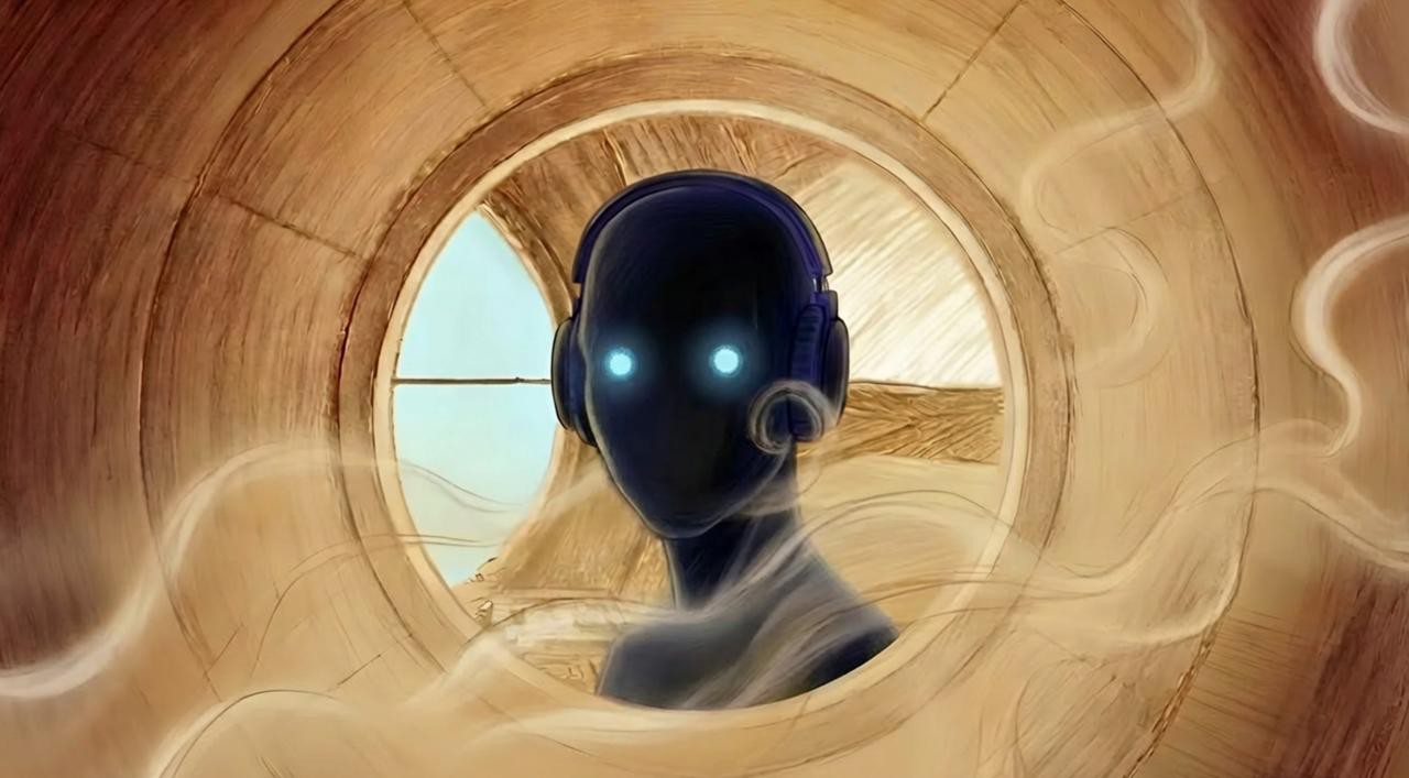 Benny Wang — sci-fi still from his AIGC film work, blue figure in a portal-like chamber.