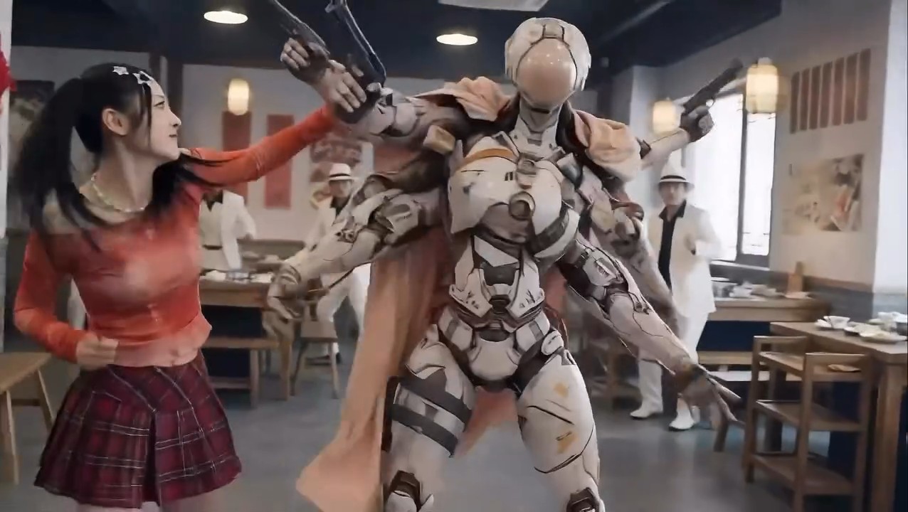 Jim HuiHui — still from his AI short film: girl in red squaring off against a four-armed white robot inside a Chinese restaurant.