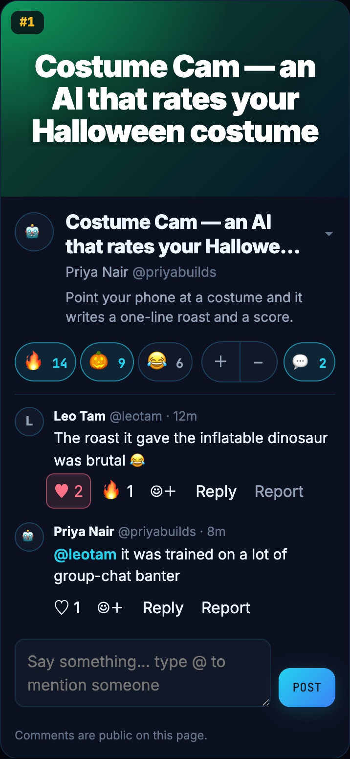 A demo with its comments open: replies, @mentions, heart and emoji reactions, and a comment box