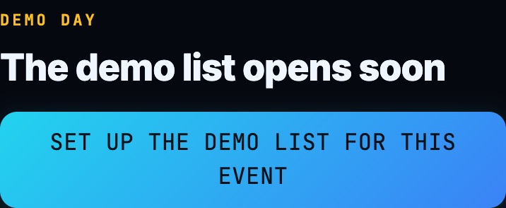 The demo list before setup: 'The demo list opens soon' with a 'Set up the demo list for this event' button