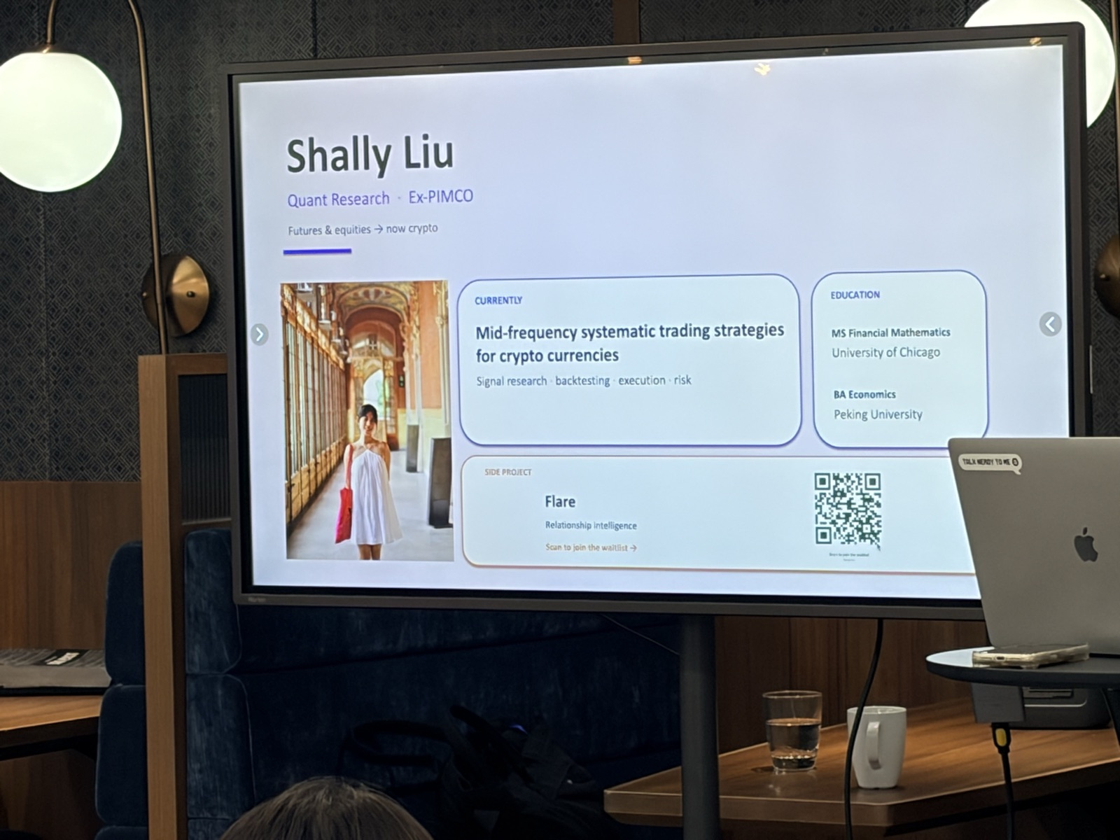 Shally Liu intro slide — quant research, ex-PIMCO