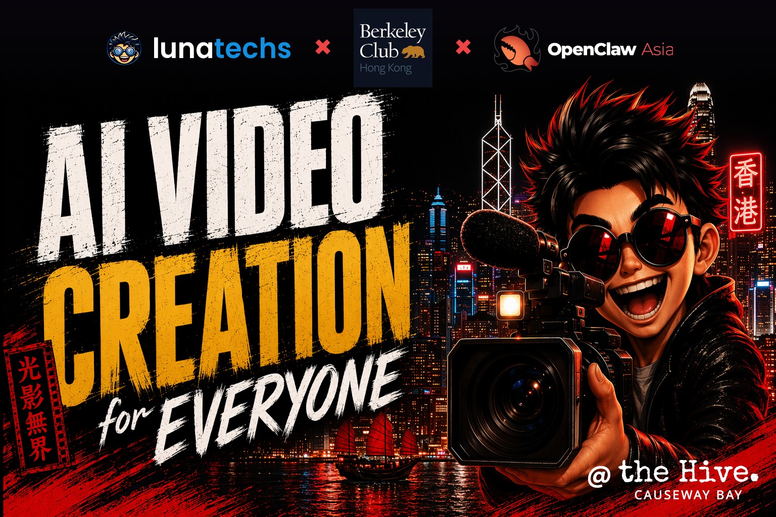 AI Video Creation for Everyone — Lunatechs × Berkeley Club Hong Kong × OpenClaw Asia. Cinematic landscape banner with the Lunatechs mascot holding a video camera against the Hong Kong night skyline.